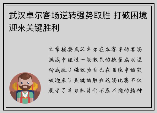 武汉卓尔客场逆转强势取胜 打破困境迎来关键胜利