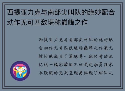 西提亚力克与南部尖叫队的绝妙配合动作无可匹敌堪称巅峰之作