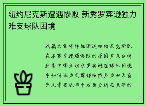 纽约尼克斯遭遇惨败 新秀罗宾逊独力难支球队困境