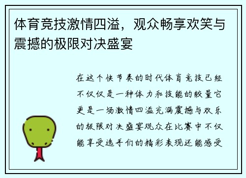 体育竞技激情四溢，观众畅享欢笑与震撼的极限对决盛宴