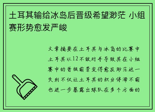 土耳其输给冰岛后晋级希望渺茫 小组赛形势愈发严峻