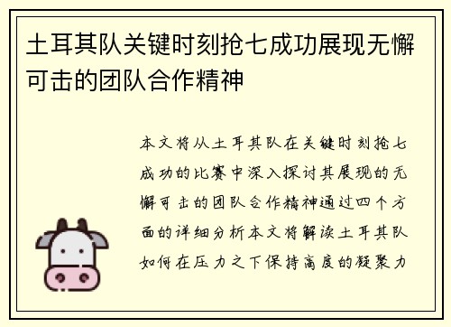 土耳其队关键时刻抢七成功展现无懈可击的团队合作精神